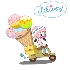 hand drawn cartoon vector of home made ice cream delivery girl wearing face mask and pink helmet riding scooter with big ice cream mascot on white background with the word delivery in the cloud