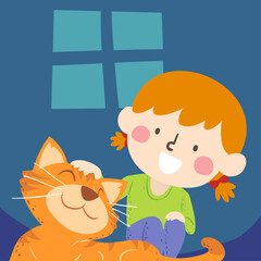 Kid Girl Petting Tabby Cat Pet Illustration