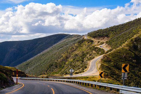 Great Alpine Road winding towards Mount Hotham from Harrietville in the high country Victoria, Australia