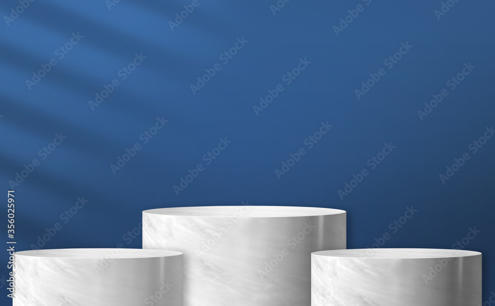 Aufkleber Glossy marble cylinder stand product display two step with blue color background with light from window for display of product design,Banner for advertise product,3d rendering