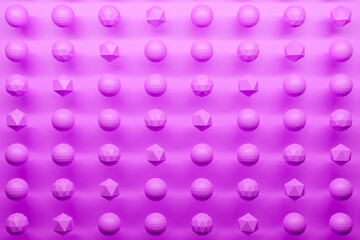 3d monochrome pink illustration: a row of winged balls  with many faces polygones. Simple geometric...