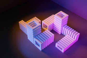 Close-up 3d neon illustration. 3 render pink pallets arranged in a different overview on a dark...