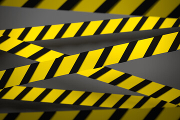 3d illustration of a black and yellow stripes in the middle on a gray background. Warning tapes depicting danger signs and a call to stay away. Barrier tape.Concept of No entry.