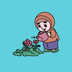 vector illustration graphic of little girl with a bouquet of flowers
