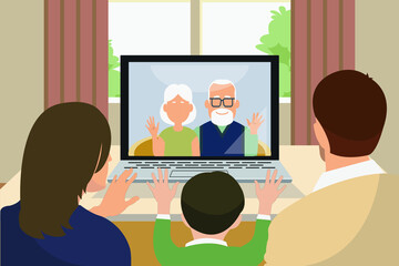 asian family with child greeting and talking to grandparents using laptop via video call 
