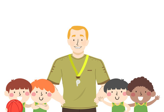 coach with kids, basketball, green uniforms clip art preview