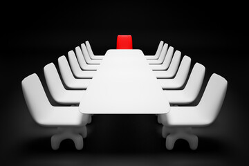 3D render  white table for negotiations, headed by a red chair of the leader on black background....