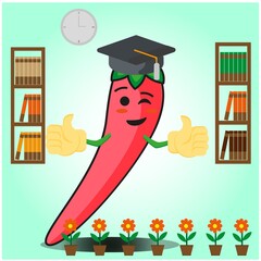 Cute mexican chili graduation cartoon face character with two bookshelf and flowers image design
