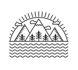 Mountains and forest line art logo design, minimalist vector line art logo of mountains, trees, river and the sunrise