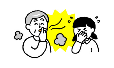 タバコを吸うシニア男性と煙たがる女の子（シンプル）