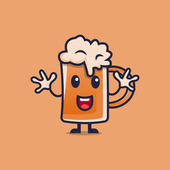 Cute beer cartoon character raising hand vector illustration