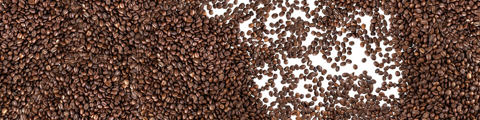 Coffee beans isolated on white background. Panorama