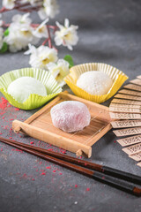The colorful mochi dessert on light background