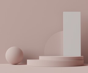 3d geometric forms. Podium in coral pink color. Fashion show stage,pedestal, shopfront with colorful theme. Minimal scene for  product display.