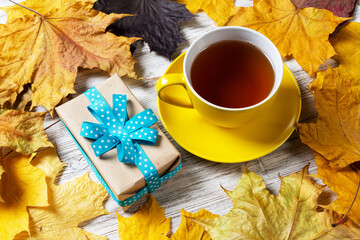 Flat lay autumn composition with gift box