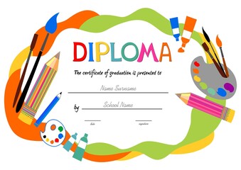 Template of Children Award Diploma. Pattern children's certificate for delivery on a creative contest in kindergarten or school.  Art supplies: paint tubes, brushes, palette.  illustration