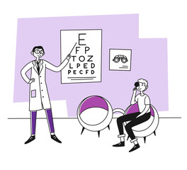 Patient visiting ophthalmologist. Young man checking up eyesight flat illustration. Examination, healthcare, vision concept for banner, website design or landing web page