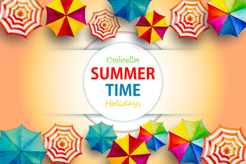 Fototapeta na wymiar Watercolor painting multi colored umbrella top view colorful of summer.