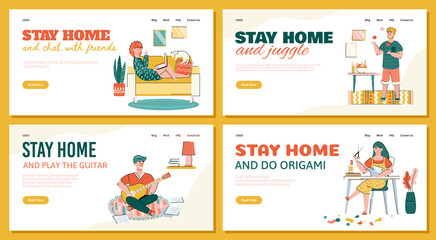 Stay home banner set with people doing creative hobby activities in quarantine - friend video call, juggling, guitar and origami. Vector illustration of website templates.