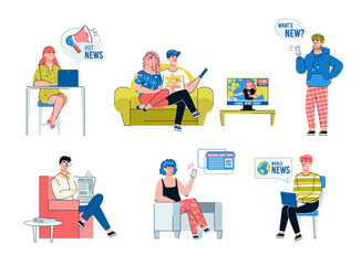 Media information set of people cartoon characters get news from internet and TV sources, vector illustration isolated on white background. News informative broadcast.