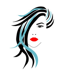 The beautiful girl who has straight hair and the blue hilights with red lipstick. Cosmetic, spa, salon business logo or advertisement.