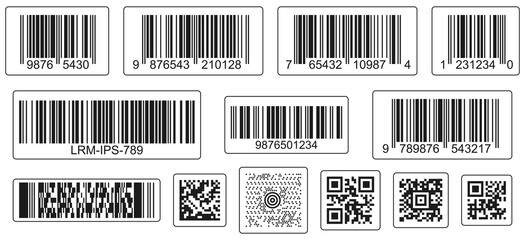 Vector barcodes set. Different types: linear (EAN, UPC, ISBN) and matrix (QR, Aztec, PDF417, MaxiCode) codes with sample text. Machine-readable data representation with parallel lines or rectangles.  - 356033301