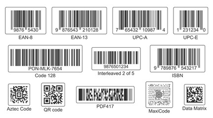 Vector barcodes set. Different types: linear (EAN, UPC, ISBN) and matrix (QR, Aztec, PDF417, MaxiCode) codes. Machine-readable data representation with parallel lines or rectangles. Set of labels.