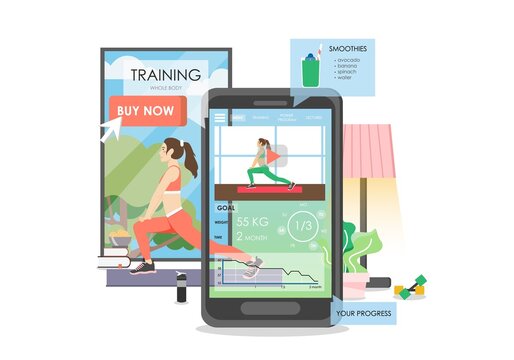 Fitness and weight loss mobile app, vector flat illustration