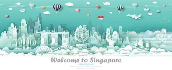 Vector illustration tour downtown singapore with singapore flag. - obrazy, fototapety, plakaty