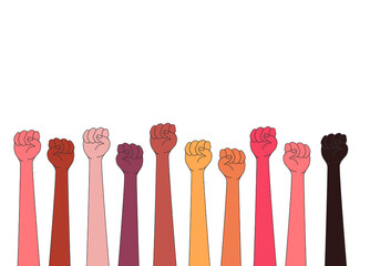 Many fists raised up. Different people keep their hands clenched in a fist. Vector flat cartoon illustration. Concept: multinational movement, like-minded people of different nations.
