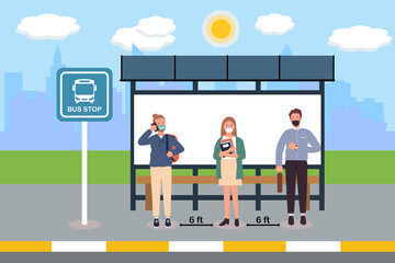 Social distancing with many people on queue line in bus station. Passenger waiting bus stop. City community transport vector concept illustration with diverse commuters standing together.Distance icon