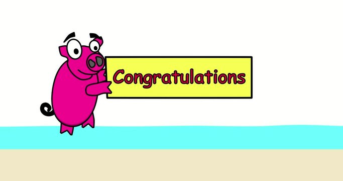 Congratulations, animation. Cartoon pink pig with inscription. Dynamic clip advertising modern.