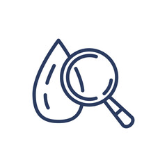 Water quality research thin line icon. Magnifying glass, test, drop isolated outline sign. Fresh water for drink, aqua, healthcare concept. Vector illustration symbol element for web design and apps