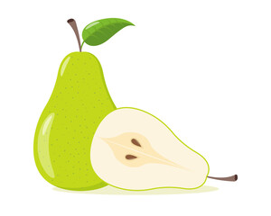 Set Green pear isolated on white background. Vector illustration. Cut green pear