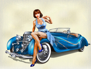 Pin-up girl and retro car isolated on vintage background	