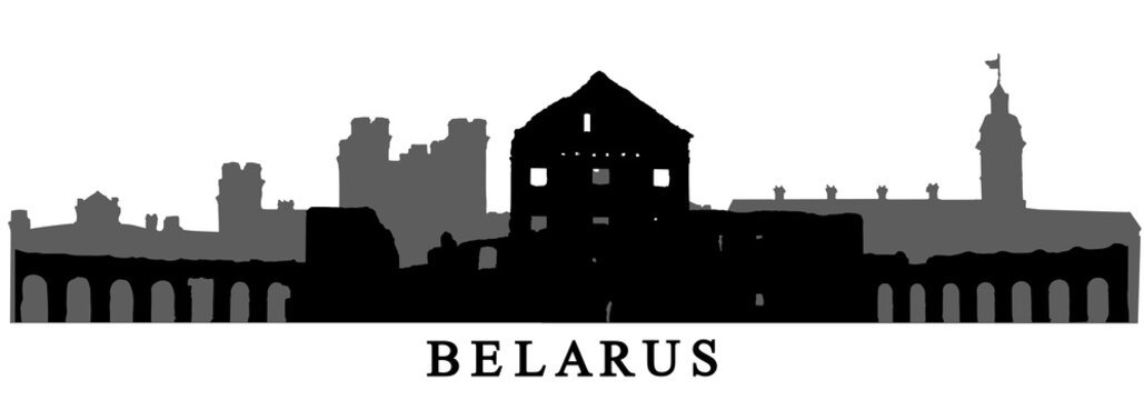 Landmarks of Belarus, silhouettes of Nesvizh castle, Kosava castle and Ruzhany palace. Vector illustration.