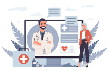 Patient consulting doctor online. Woman talking to physician through video call flat illustration. Healthcare, internet, communication concept for banner, website design or landing web page