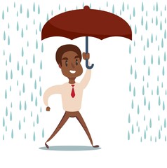 black african american businessman with umbrella in the rain. Stock flat vector illustration.