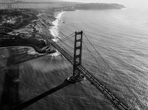 Black and white arial image of the golden gate bridge in San Francisco