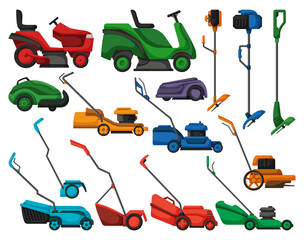Lawn mower vector illustration on white background. Isolated cartoon set icon lawnmower. Vector cartoon set icon lawn mower.