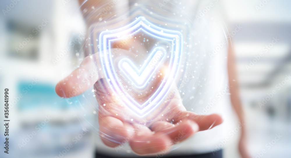 Aufkleber man using digital shield protection blue holographic interface 3d rendering