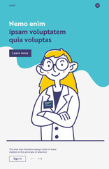 Female doctor in white coat and big glasses. Woman, medical practitioner, clinic flat illustration. Examination, healthcare, job concept for banner, website design or landing web page