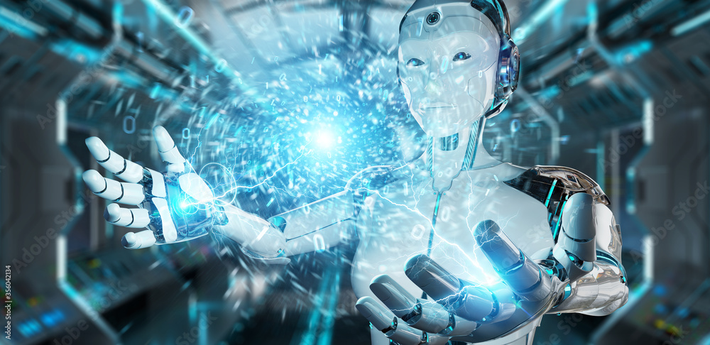 Poster white humanoid robot creating new futuristic energy power source 3d rendering