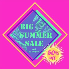 Discount neon label for with mint color big summer sale lettering and fan-leaved palms branches