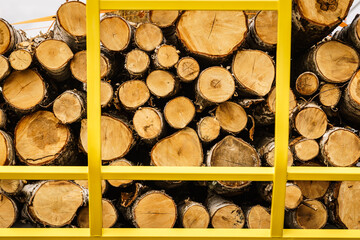 Pile of wood wooden logs on truck