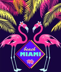 Funny invitation for night Miami beach party with fan-leaved palms, cut pair pink flamingo and frangipani flowers. Print for poster, t shirt, wedding, bag design