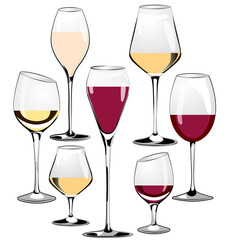 Set of glasses for white and red wine. Vector illustration on a white background.