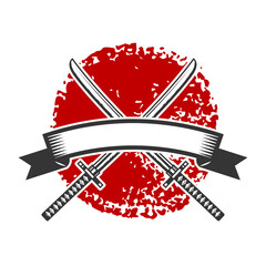 Emblem with crossed katana swords. Design element for logo, label, sign, poster, t shirt. Vector illustration