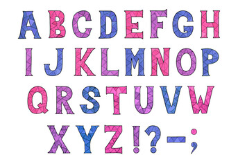 Colorful Mosaic alphabet and punctuation mark, watercolor illustration