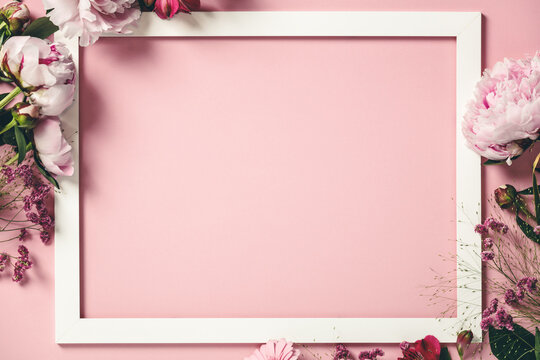 Assorted pink flower and white frame border on pink background, flat lay